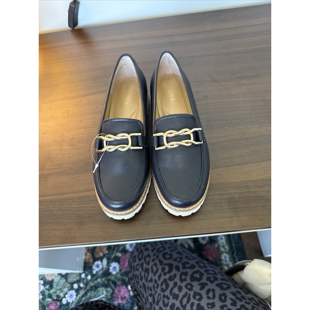 Talbots Cassidy Blue Loafer Flats with Gold Chain Link Womens Size 6